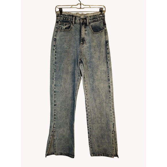 Shein Jeans 2 Raw Waist High Rise Split Cuff Stonewash Straight - Picture 1 of 15